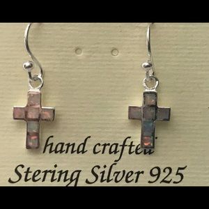 Real White Opal Cross Dangle Earrings Sterling